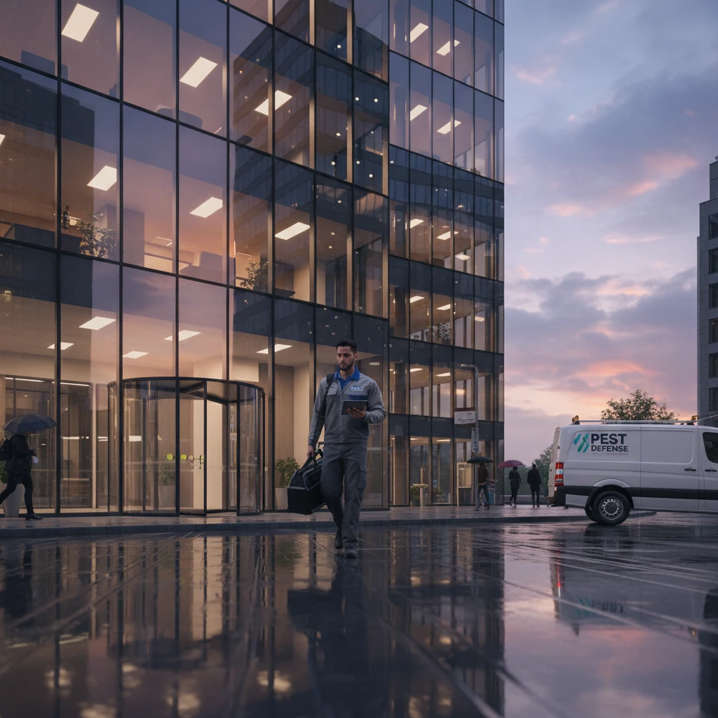 Pest control technician arriving at an office building after hours