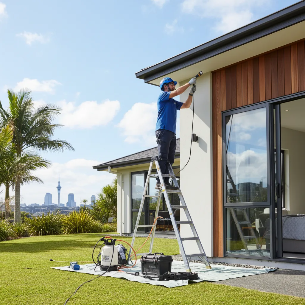 Pest control technician performing spider barrier treatment in Auckland