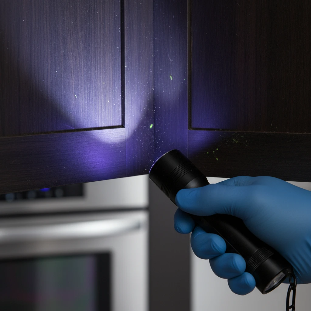 Inspecting cabinets for pest residue during spring cleaning