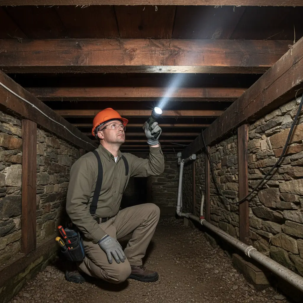 Inspecting subfloor joists for borer damage