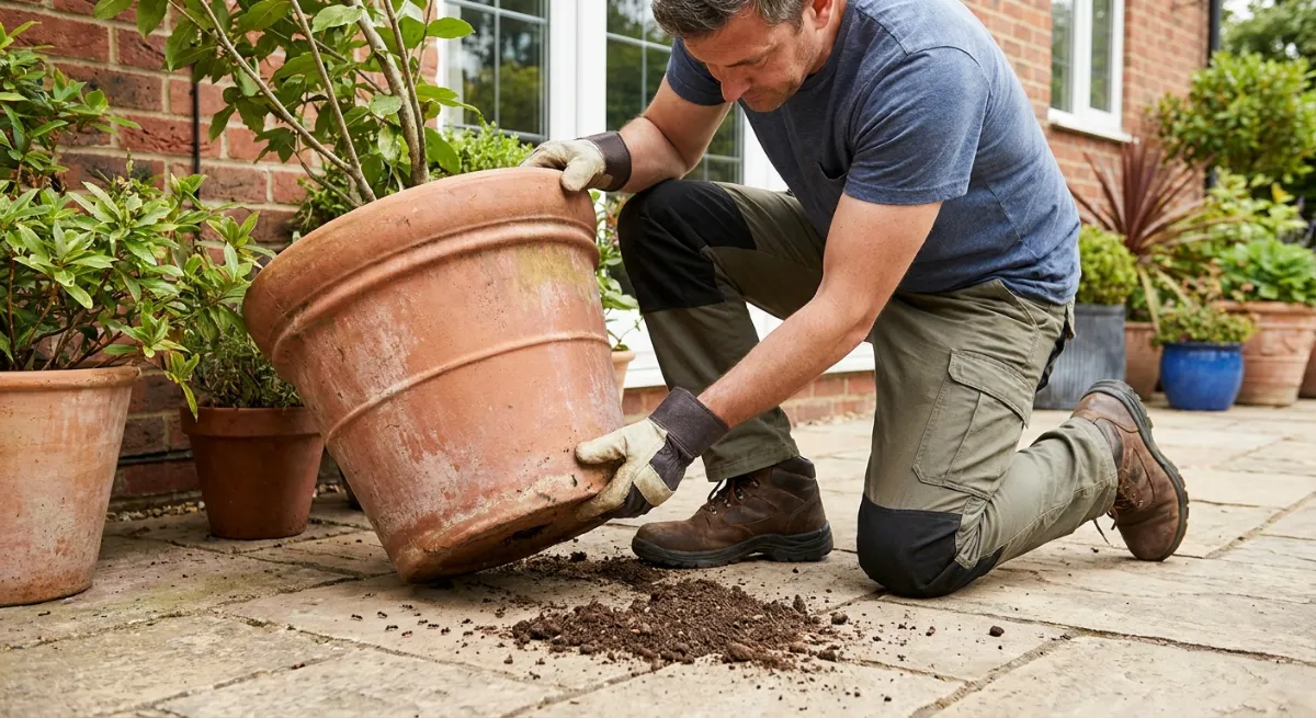 Inspecting under potted plants for Argentine ant nests