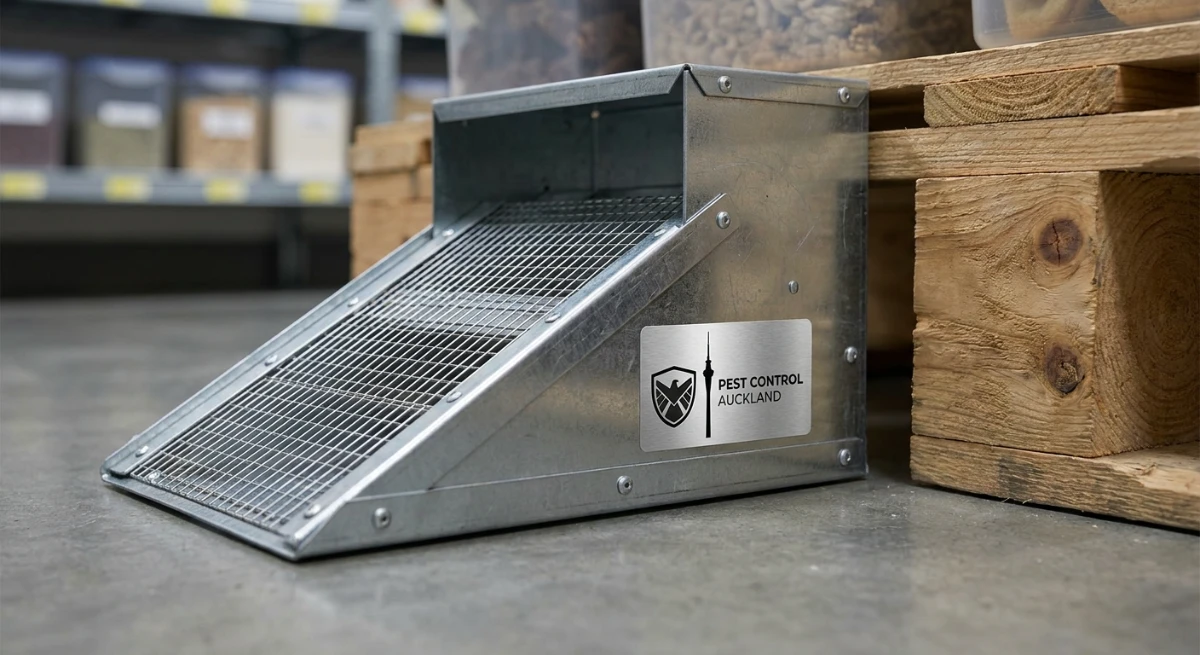 Live-catch multi-catch rodent trap near a commercial food pallet