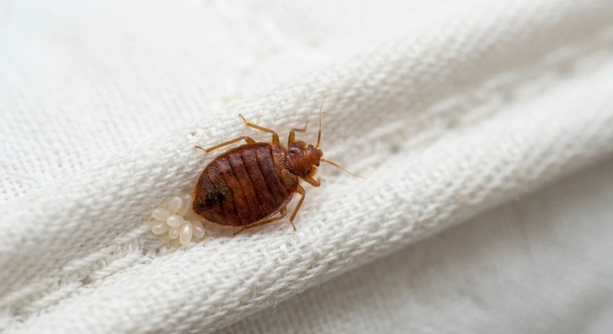Macro close up of a bed bug hiding in a mattress seam in an aged care facility