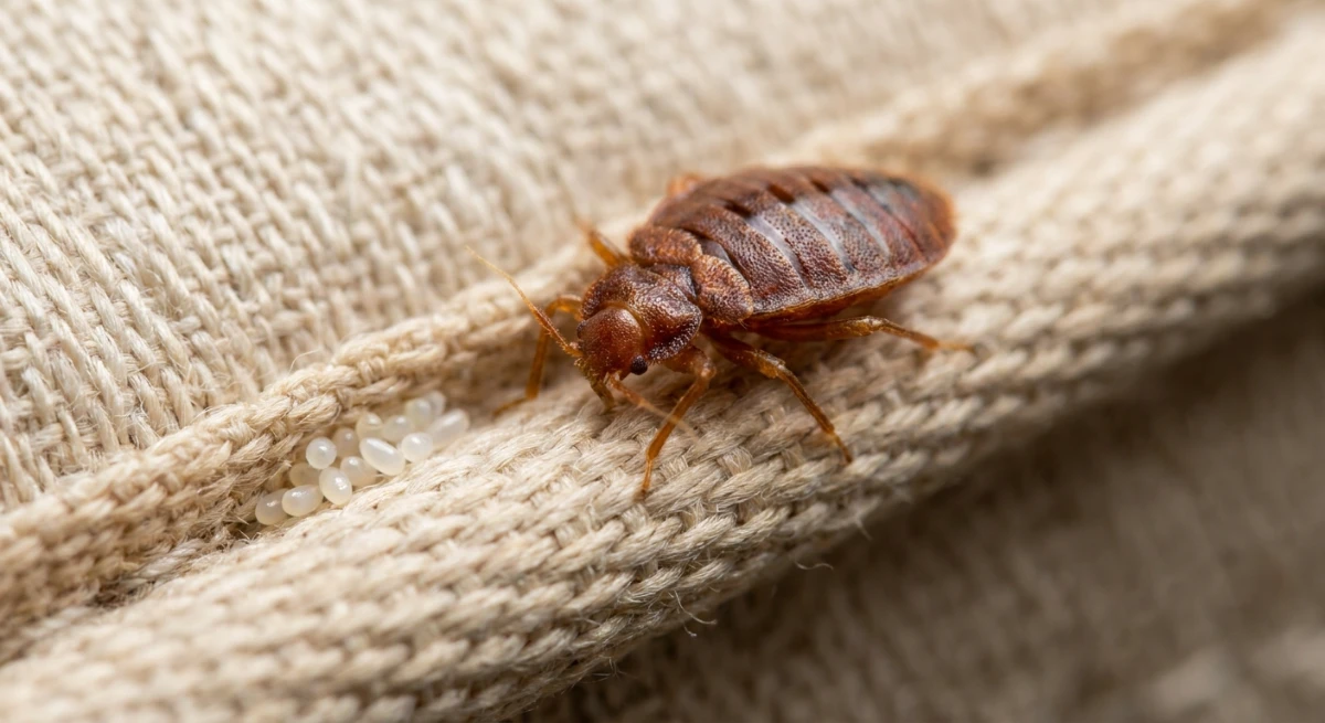 Macro close up of a bed bug in a commercial mattress seam in an Auckland aged care facility