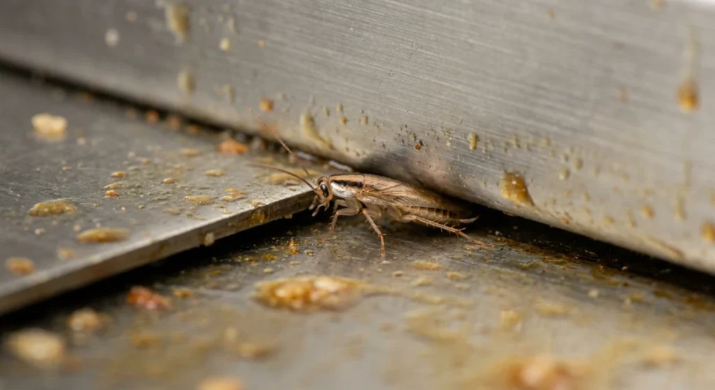 Macro close-up of a German cockroach in a commercial kitchen setting