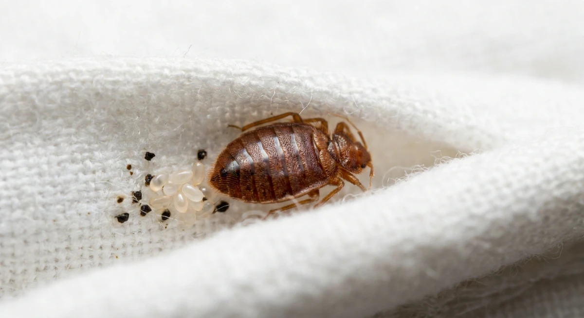 Macro close up of a live bed bug and dark fecal spotting hidden inside the seam of a residential mattress