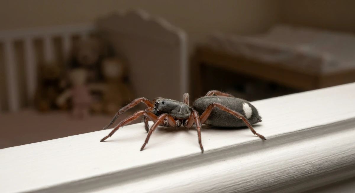 Macro close up of a White-tailed spider on a nursery baseboard
