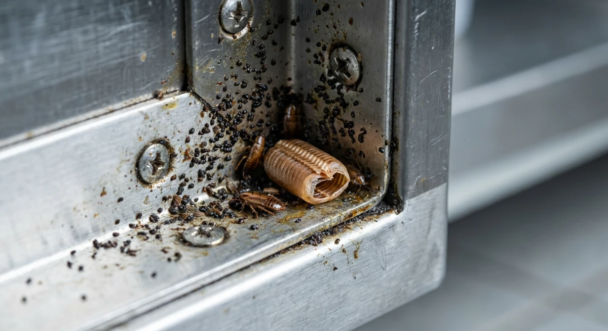 Macro close up of German cockroach droppings and egg case in a commercial kitchen