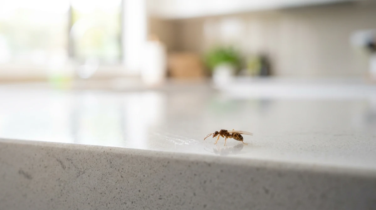 Macro shot of an ant on a clean Auckland kitchen counter