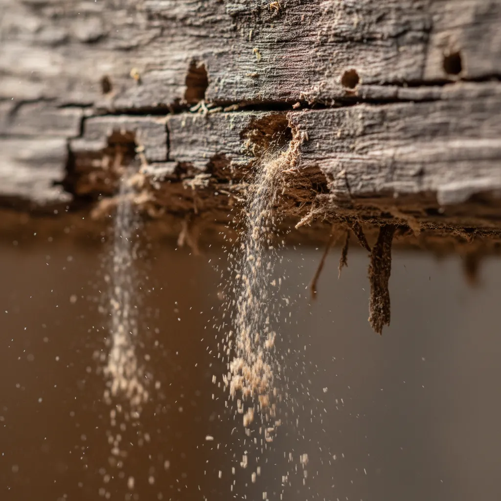 Macro shot of borer holes and frass in a wooden beam