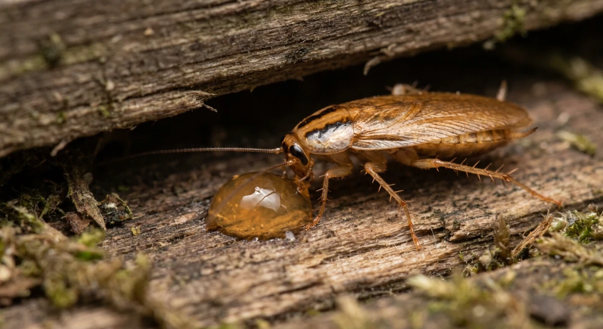 Macro view of a German cockroach eating gel bait deep inside a wall crack