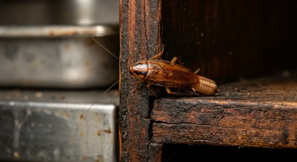 Macro view of a German cockroach hiding in a commercial kitchen crevice in South Auckland