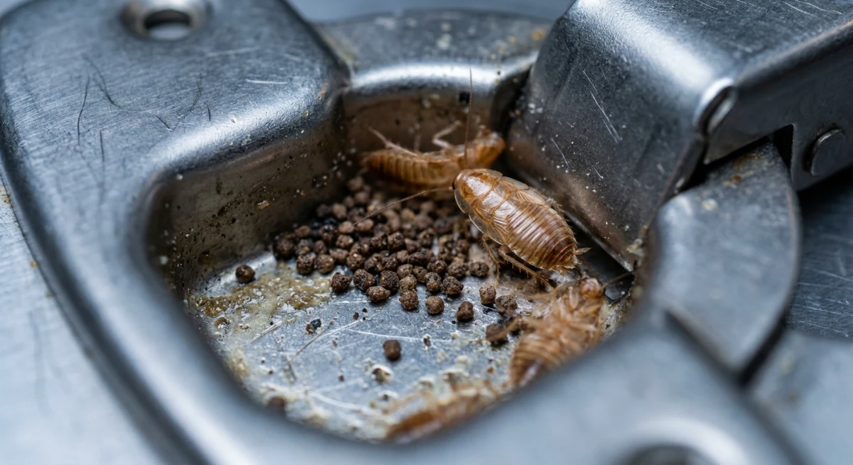 Macro view of German cockroach allergens and frass in a commercial hinge