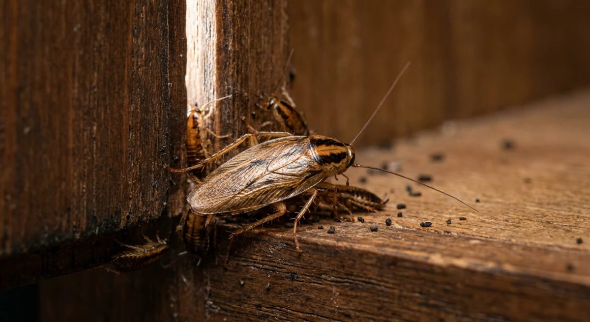 Macro view of German cockroaches hiding in a kitchen cabinet on the Hibiscus Coast