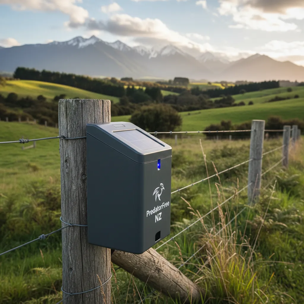 Modern pest trap on a lifestyle block fence line