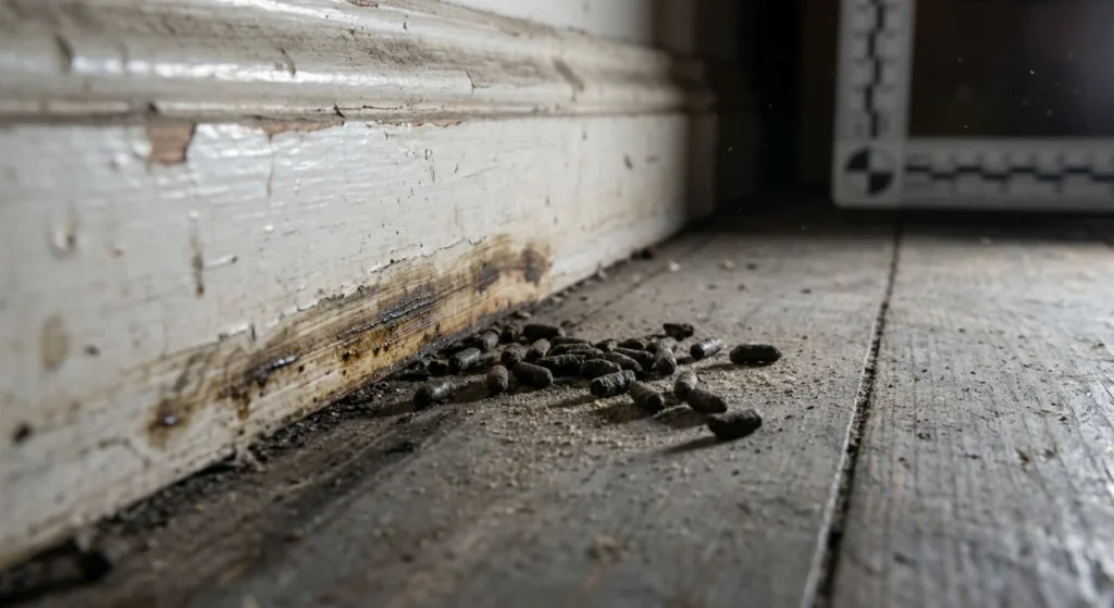 Mouse droppings and grease marks indicating a severe rodent infestation in an Auckland commercial building
