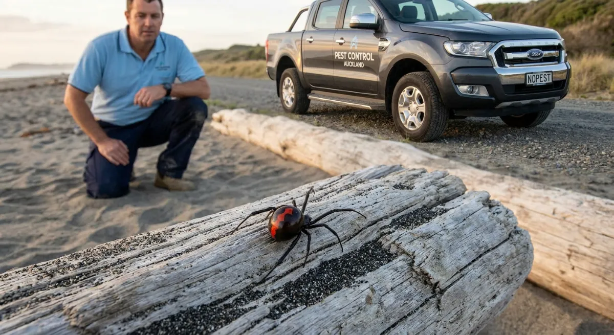 Native New Zealand Katipo Spider on driftwood