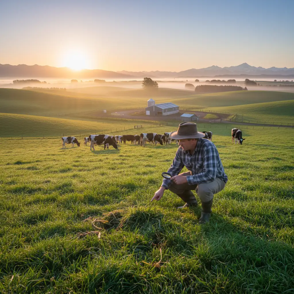 New Zealand dairy farmer inspecting pasture for pest damage