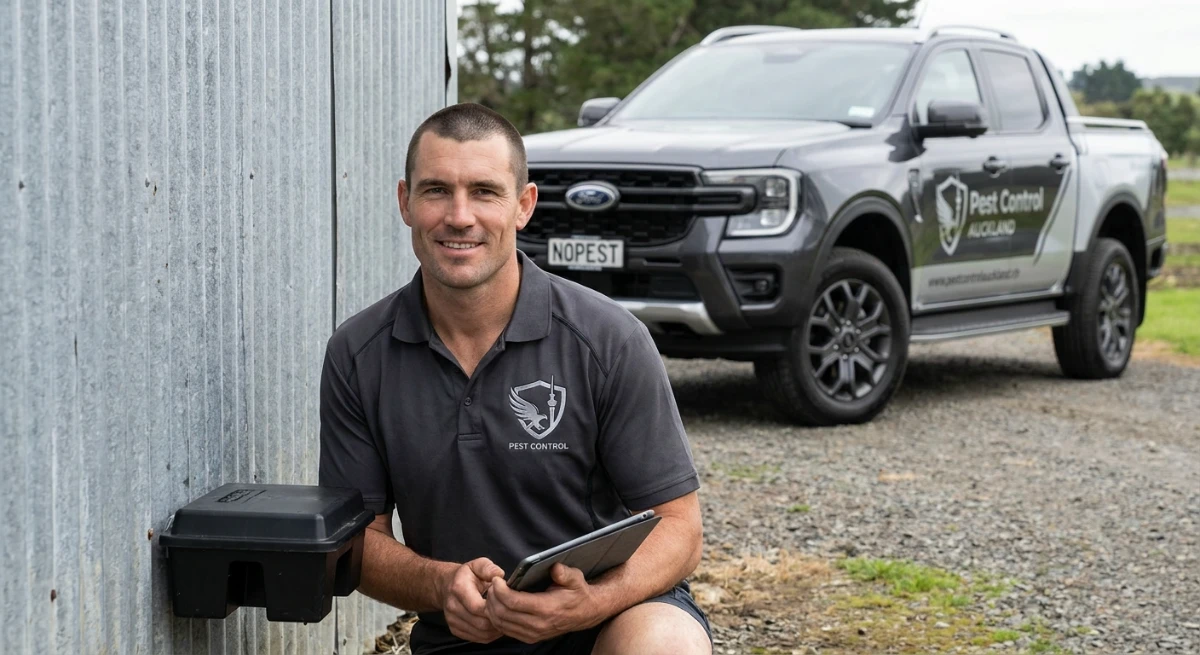 Non-toxic rodent monitoring station against a corrugated iron barn wall in New Zealand