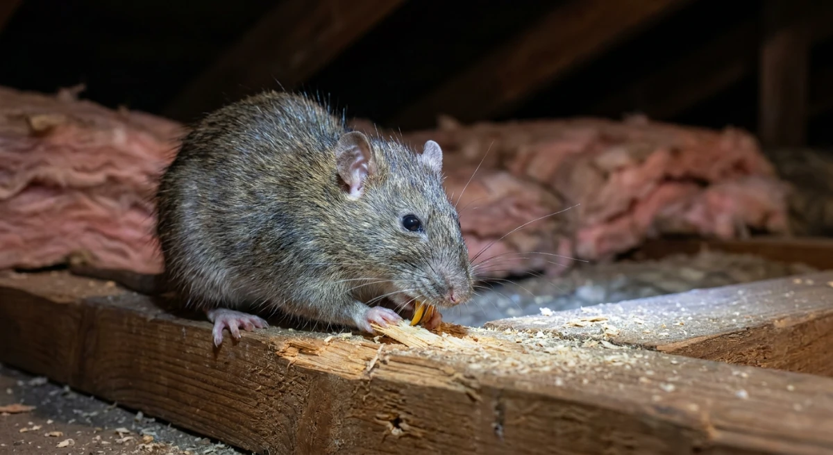 Norway rat gnawing on roof cavity timber