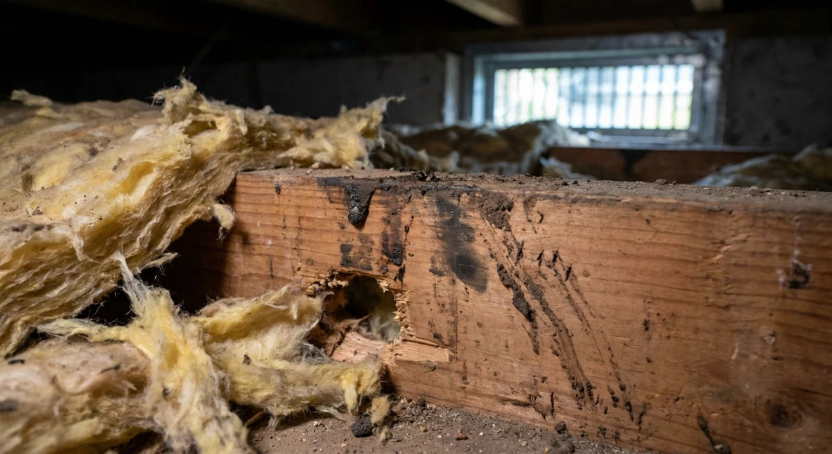 Norway rat mud tracking path and chew marks on sub-floor insulation