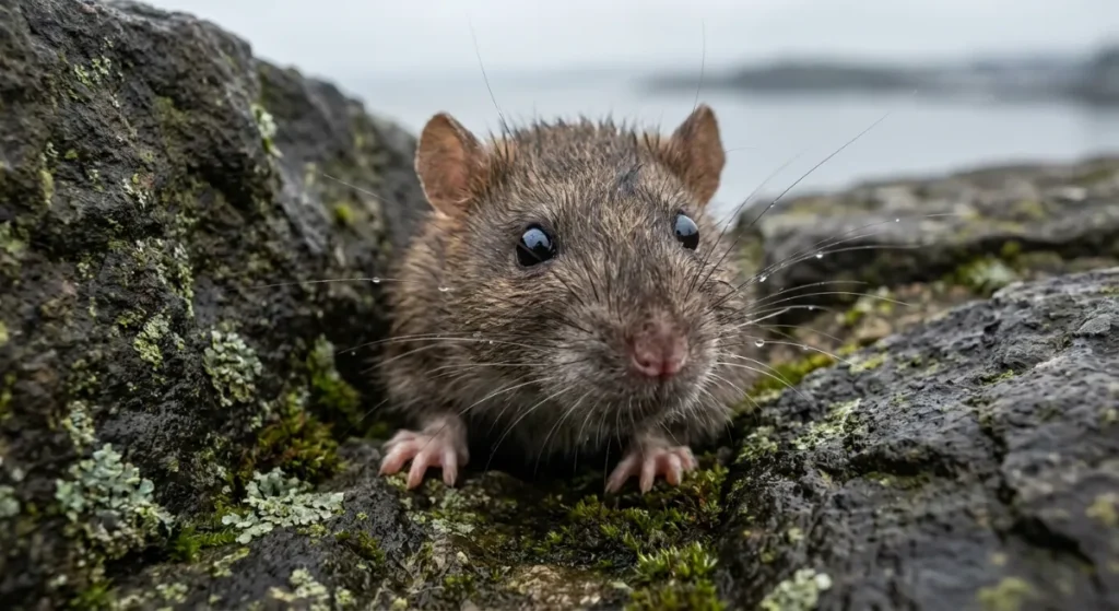 Norway rat squeezing through a cracked retaining wall on a North Shore property