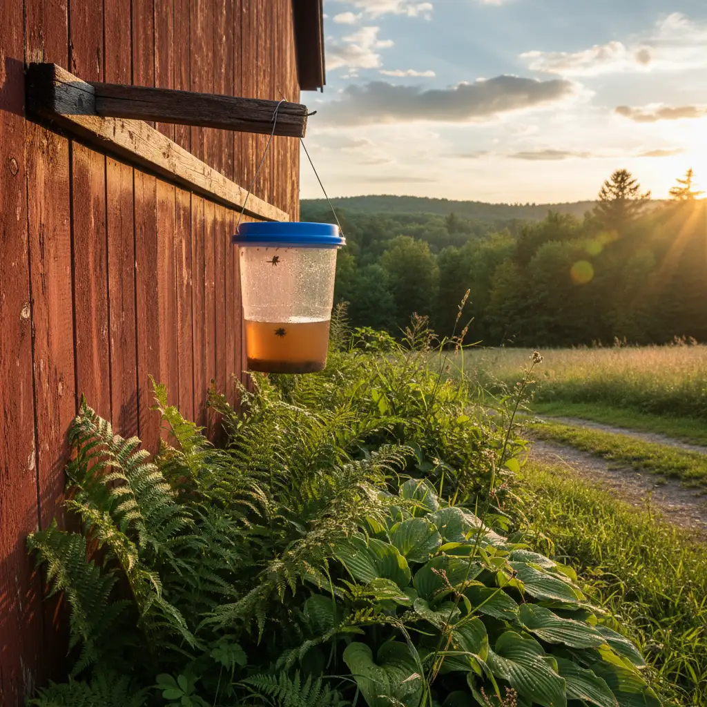 Outdoor fly trap hanging near a barn
