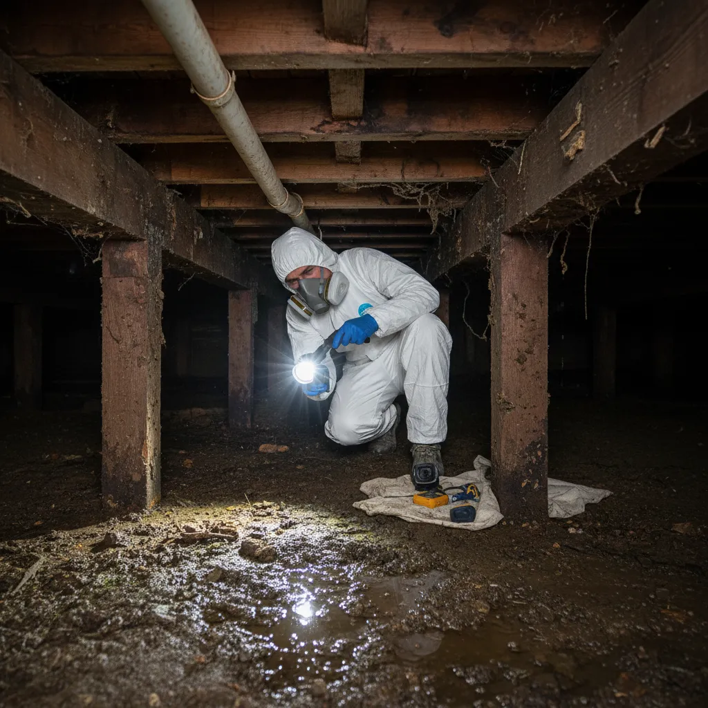 Pest control expert inspecting subfloor for borer damage