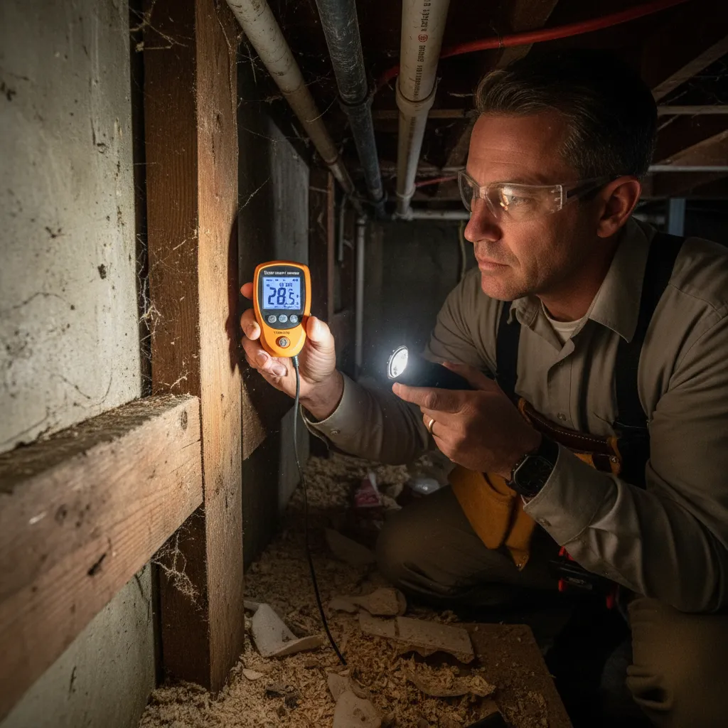 Pest control expert using a moisture meter on wood