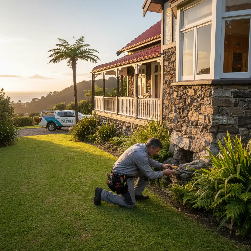 Pest control professional inspecting an Auckland home