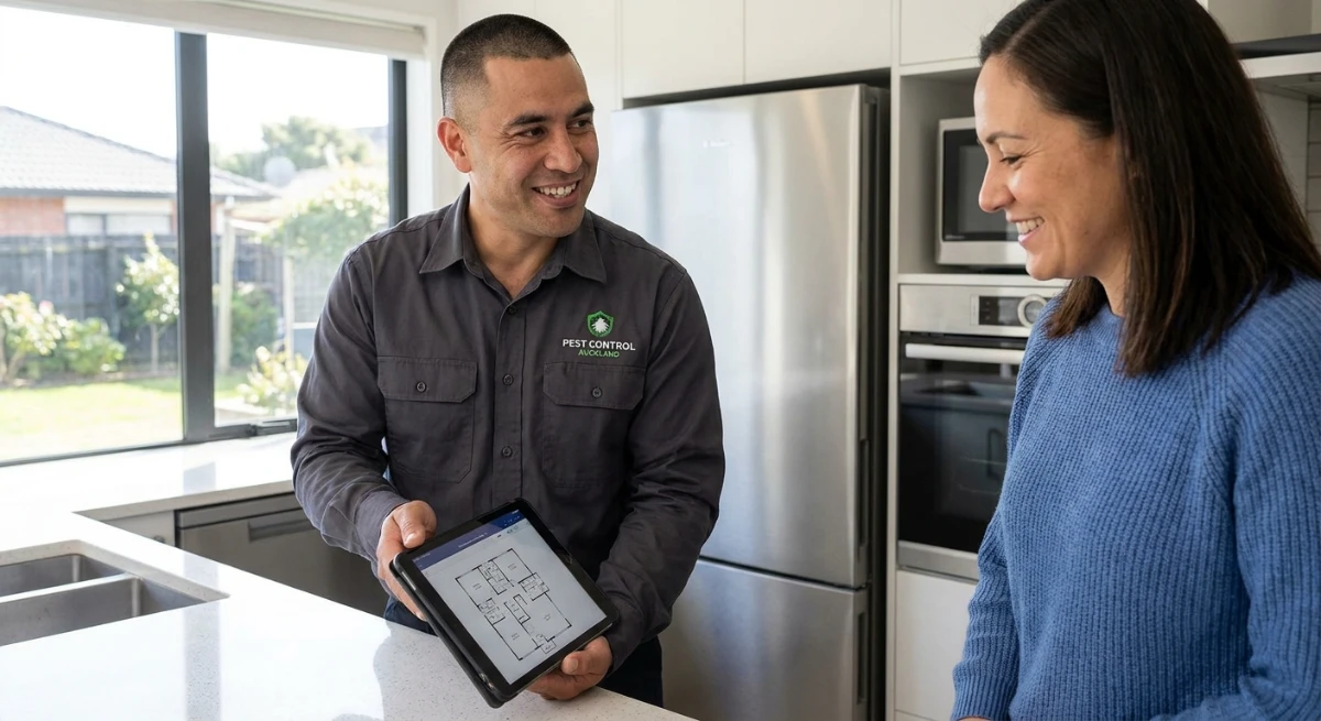 Pest control technician advising an Avondale homeowner