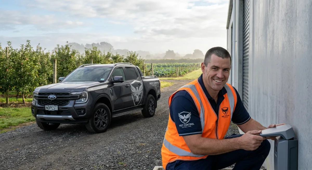 Pest control technician checking digital traps in Auckland
