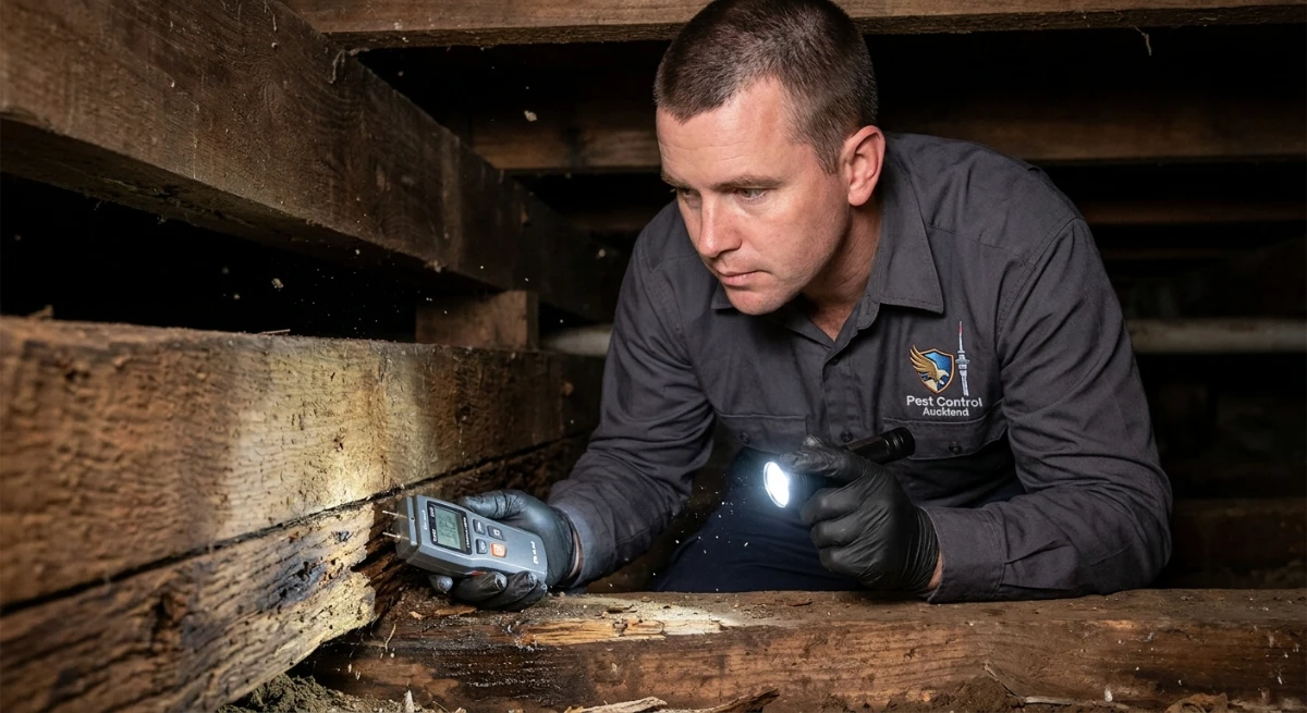Pest control technician conducting a Termite Damage Assessment in Auckland
