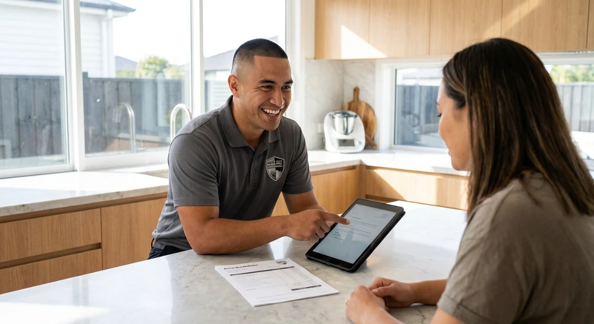 Pest control technician explaining safe treatments to an Auckland homeowner