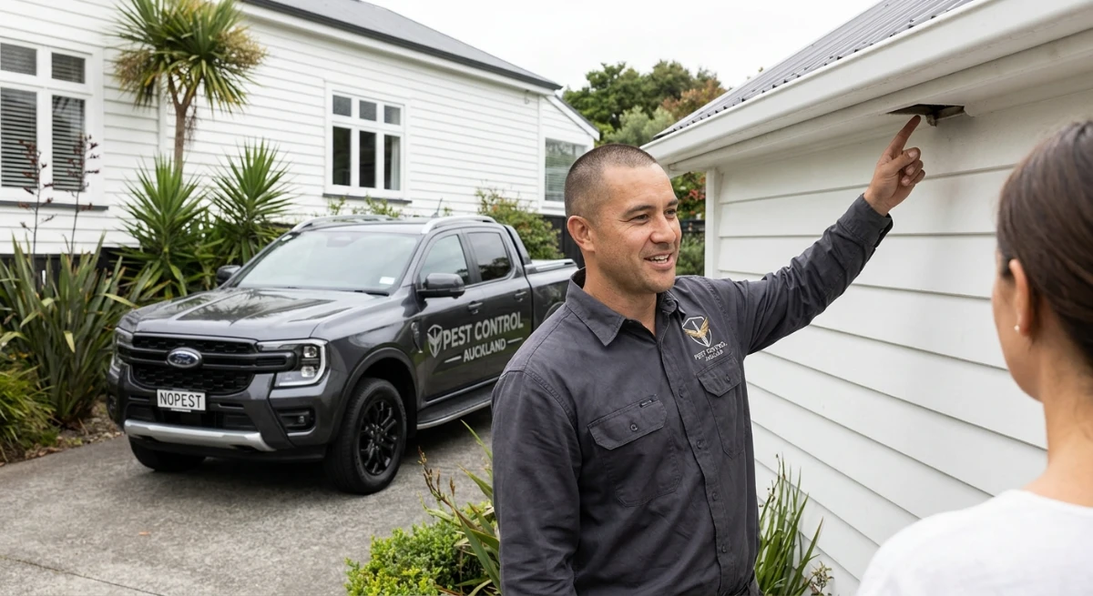 Pest control technician explaining structural exclusion to an Auckland home buyer