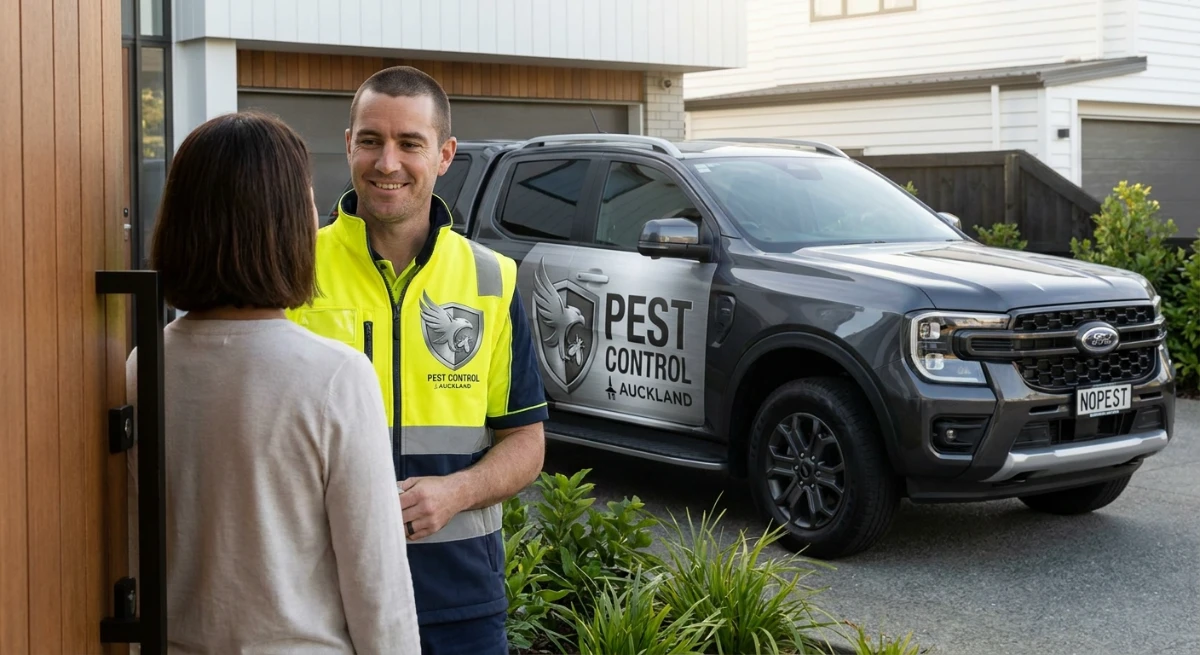Pest control technician explaining treatment to a homeowner