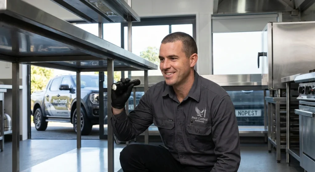 Pest control technician inspecting a commercial kitchen in Auckland