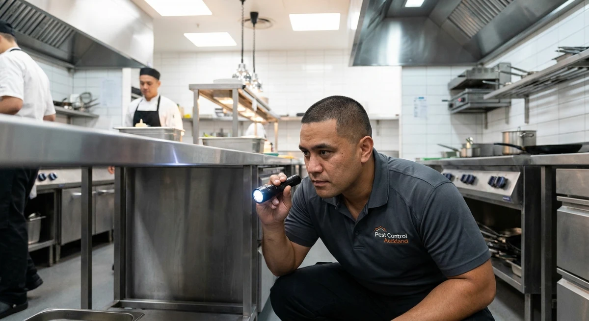 Pest control technician inspecting a commercial kitchen in Auckland for structural entry points