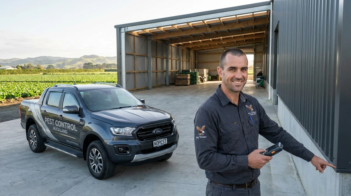 Pest control technician inspecting a Franklin packing shed
