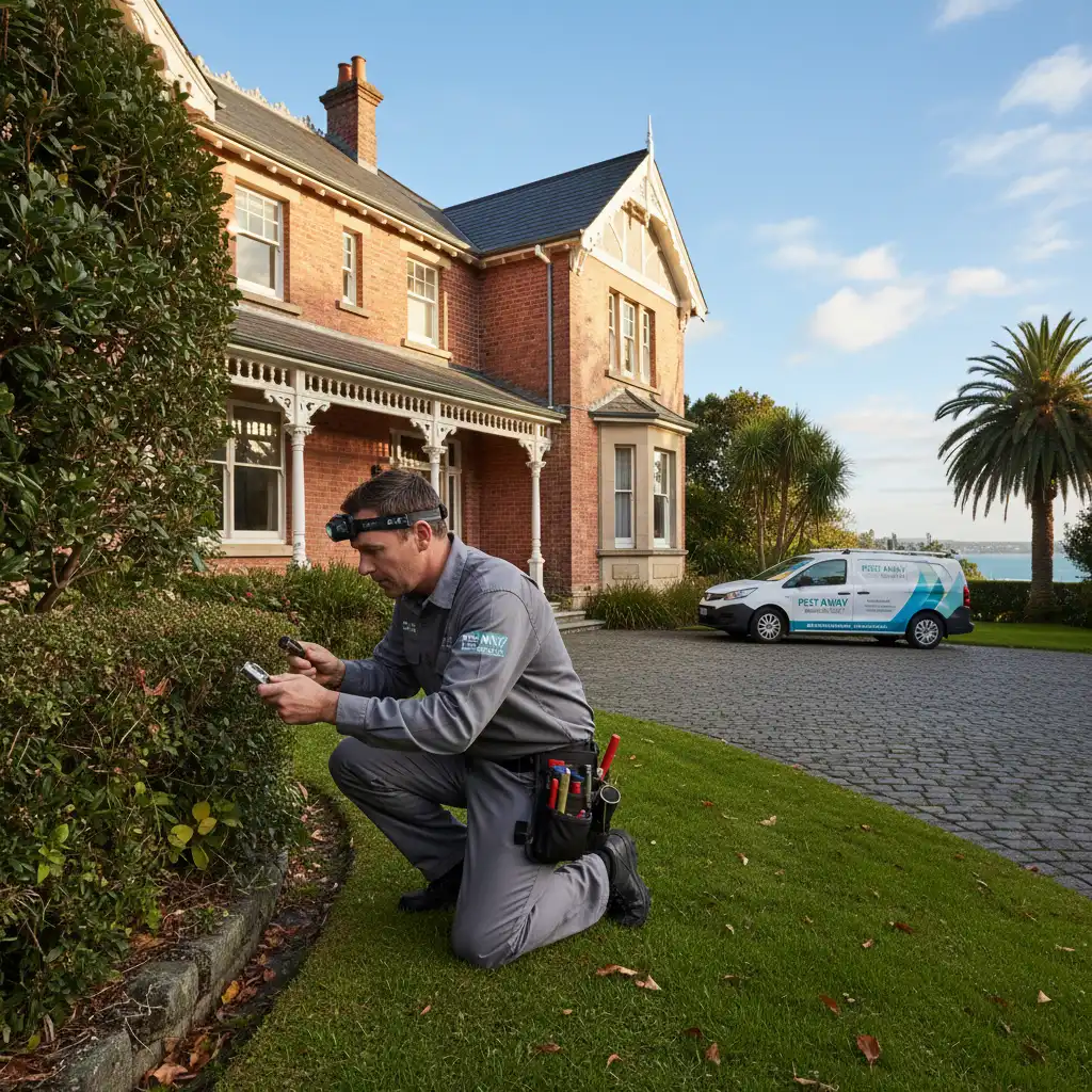 Pest control technician inspecting a home