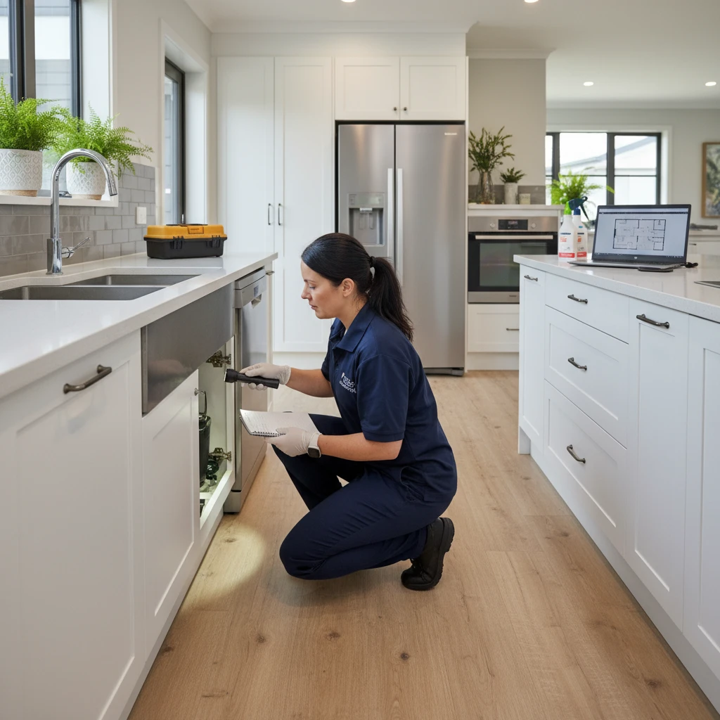 Pest control technician inspecting a New Zealand rental property