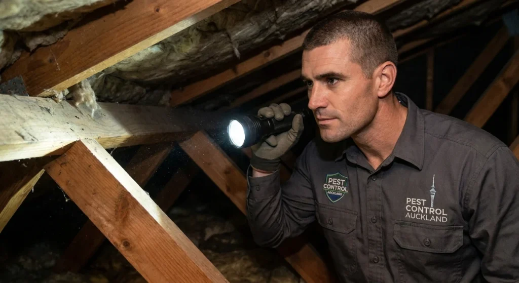 Pest control technician inspecting a roof cavity in West Auckland