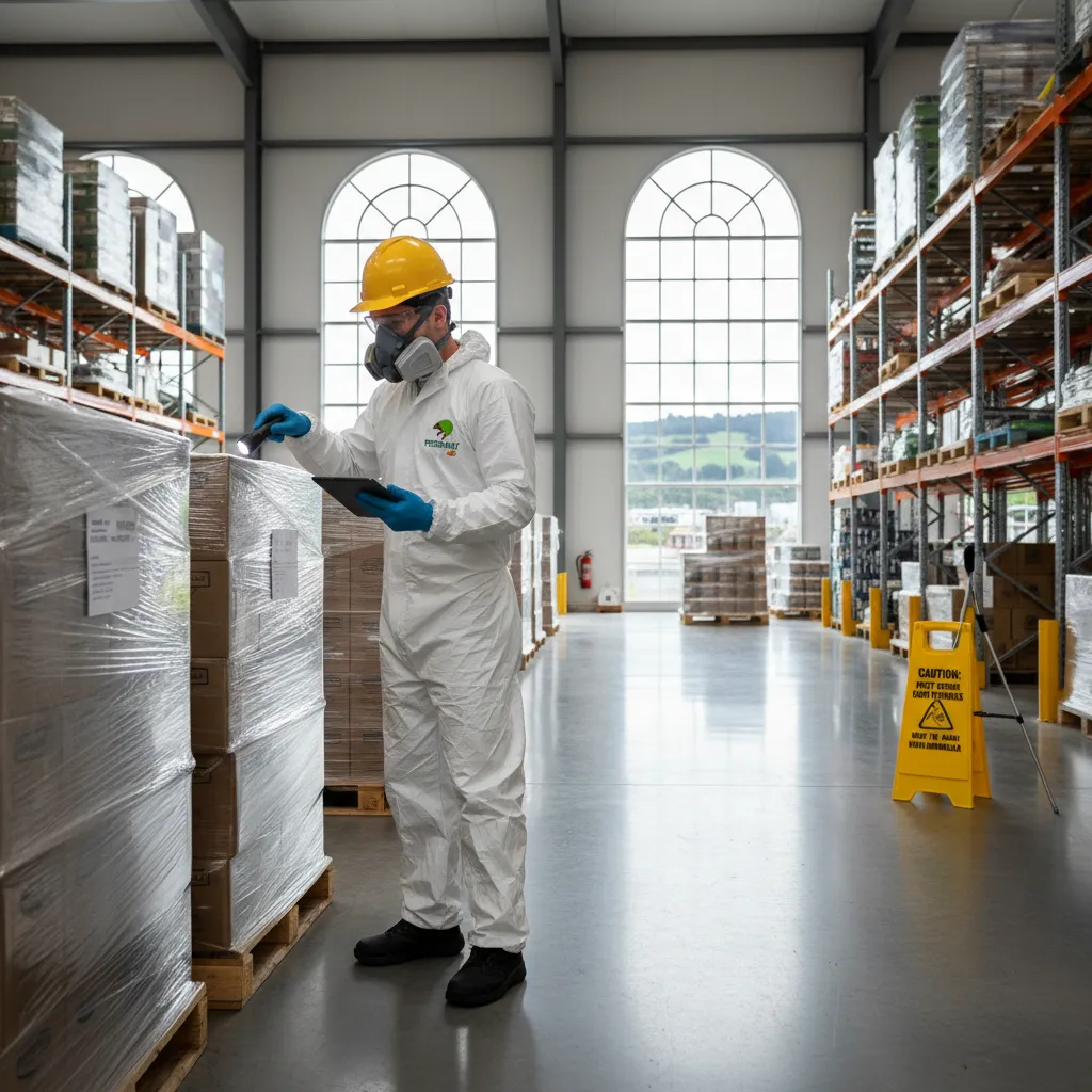 Pest control technician inspecting a warehouse
