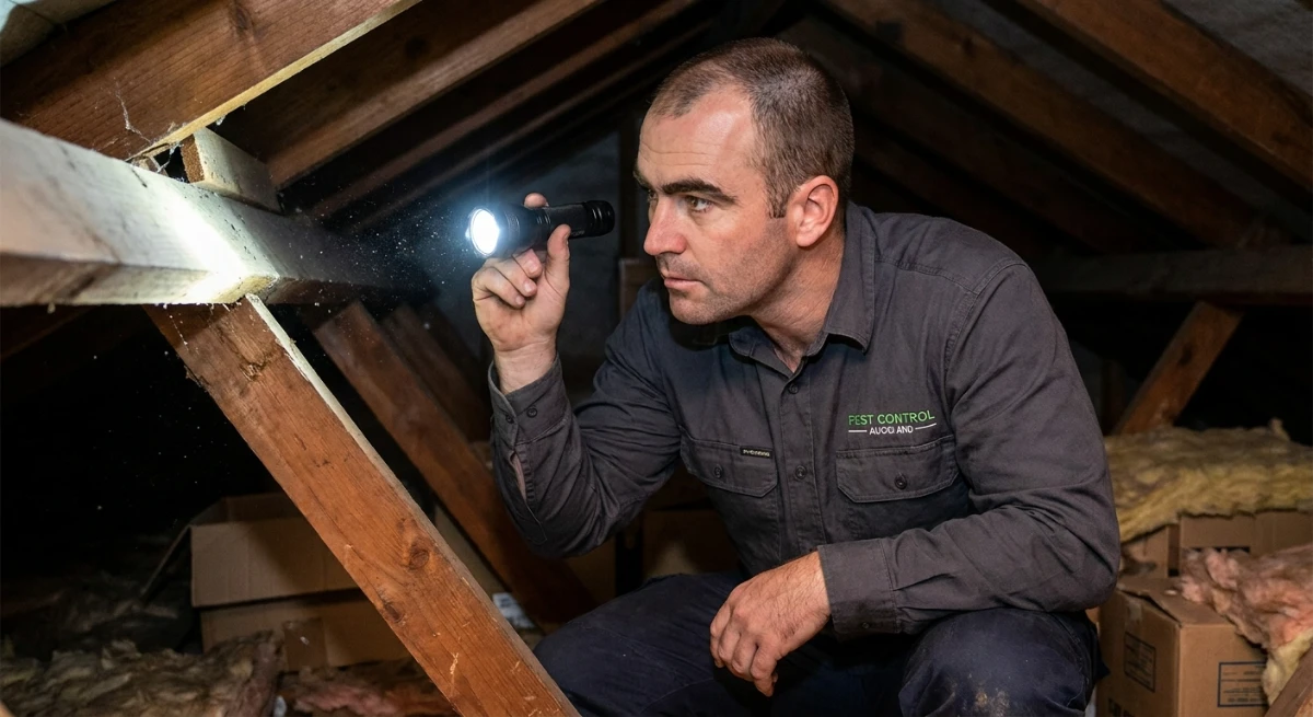 Pest control technician inspecting an Auckland roof for rat nests