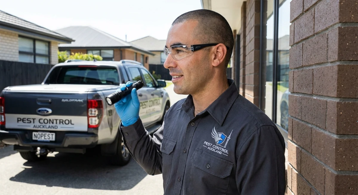 Pest control technician inspecting Auckland home exterior