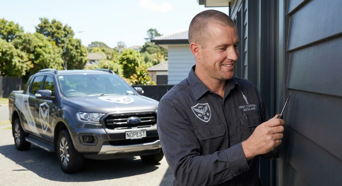 Pest control technician inspecting Auckland property for spider nests