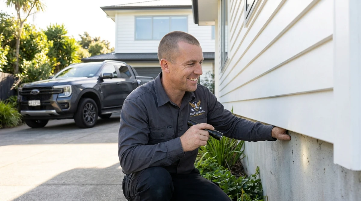Pest control technician inspecting Auckland property foundation