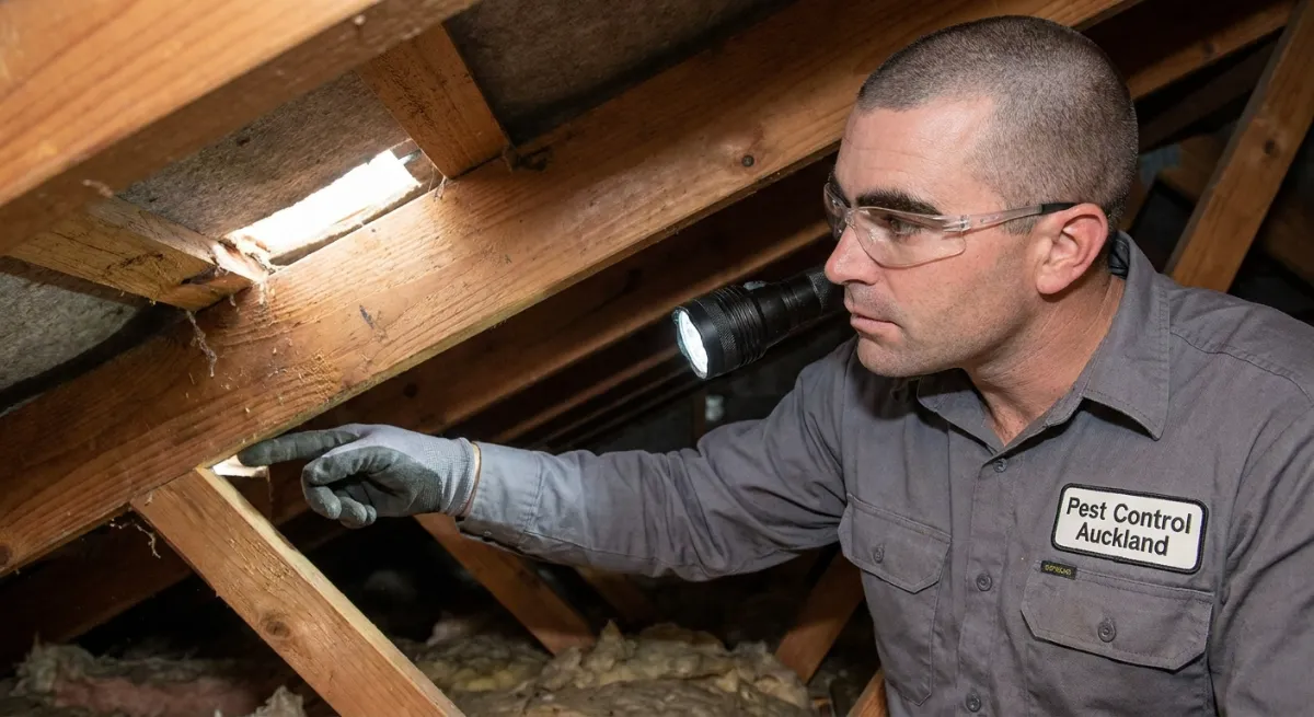 Pest control technician inspecting Auckland roof for rats