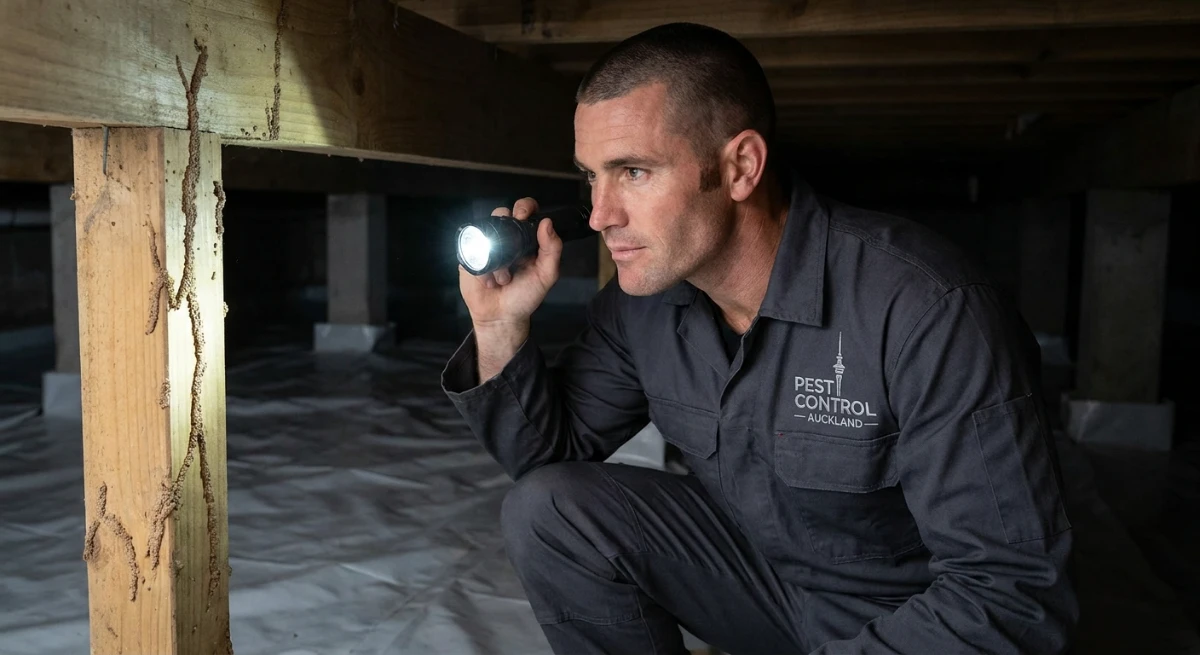 Pest control technician inspecting Auckland subfloor for termite damage