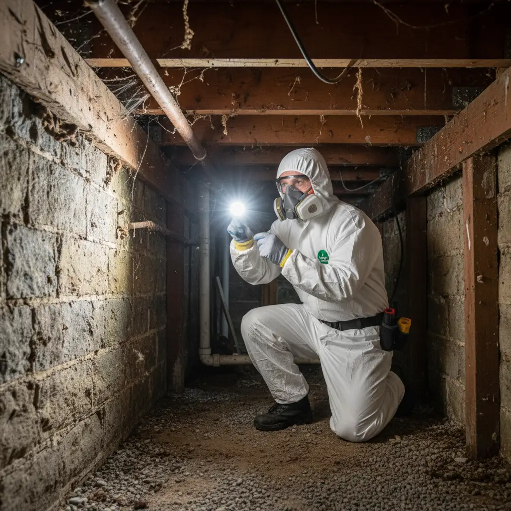 Pest control technician inspecting Auckland subfloor